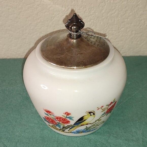 Avon Sugar Jar Vintage Silver Plated Lid Bird Flowers Design boho Bohemian old - Picture 3 of 10